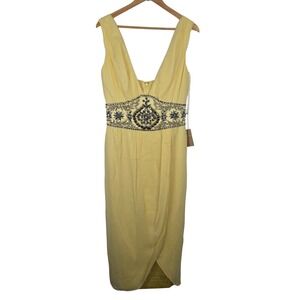 Mandalay Yellow Silk Beaded V-Neck Formal Dress Womens Size 10 Cocktail Luxury